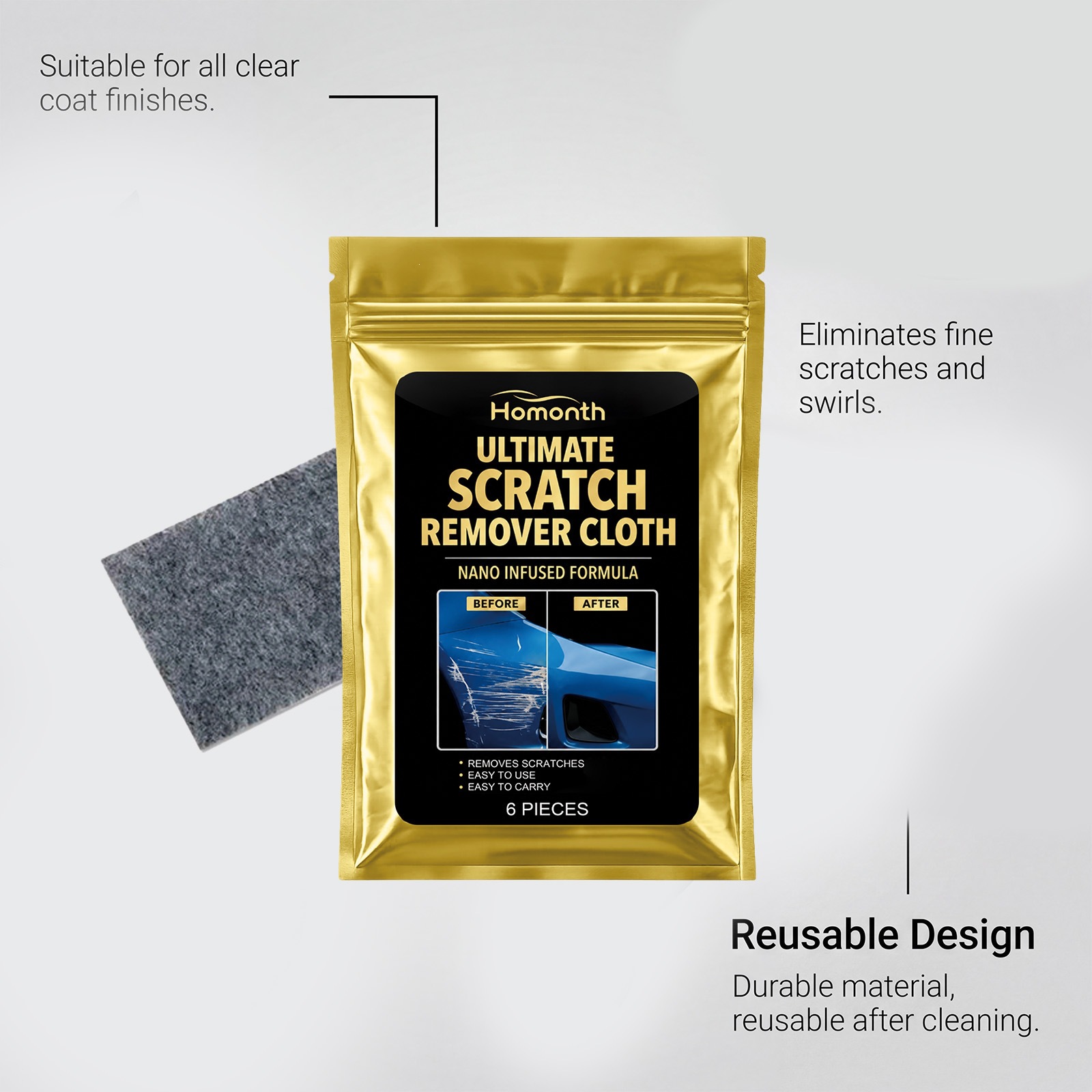 Homonth Car Scratch Care Cloth, Paint and Glass Surface Scratch Cleaning Cloth, Easy to Carry and Portable
