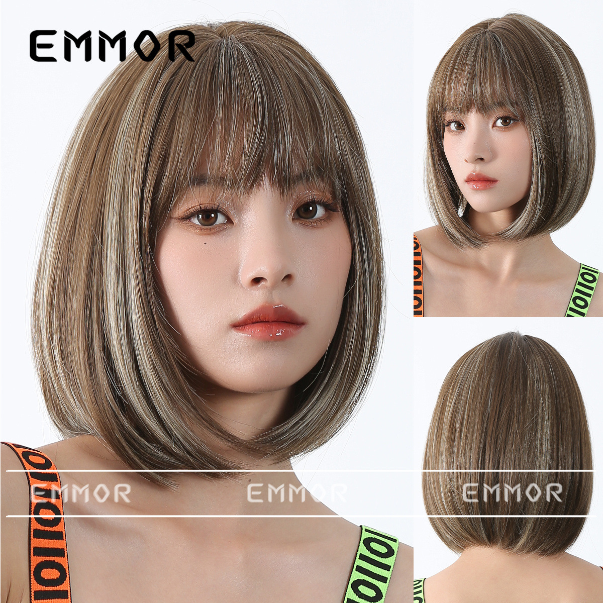 Peluca de color para mujer cabello corto verano Lolita Cabeza de onda diaria que reduce la edad Bangs recto mullido cubierta de cabeza completa natural