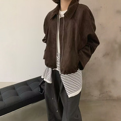 港味2025秋季新款防麂皮绒外套女设计感下摆抽绳翻领短款时尚上衣