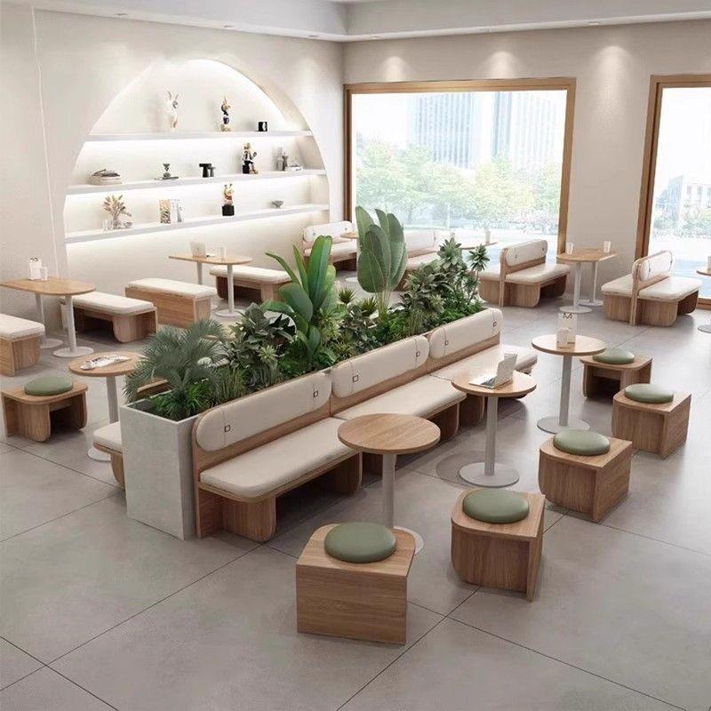 Milk tea shop table and chair set, cream-style cafe wall-mounted booth sofa, snack and dessert shop table and chair for commercial use