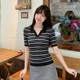 高端潮牌MM家26夏季法式甜辣风显瘦百搭针织条纹短袖上衣女装新款