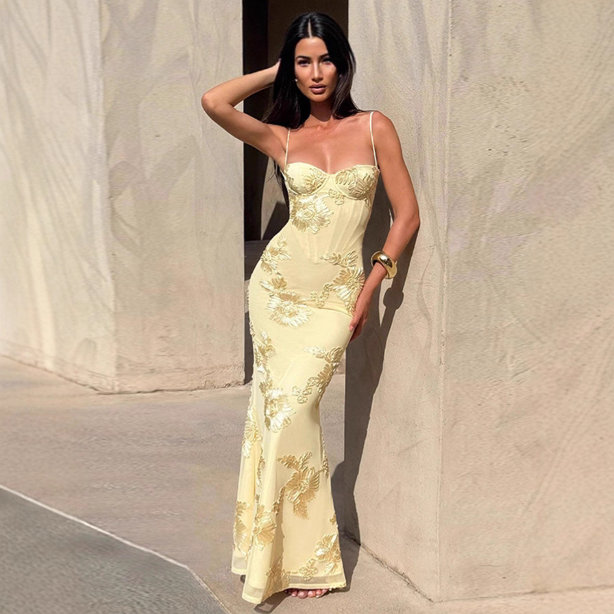 Floral Embellished Spaghetti Strap Embroidered Dress, Slim Fit Fishtail Long Dress, French Backless Sexy Banquet Party Evening Dress