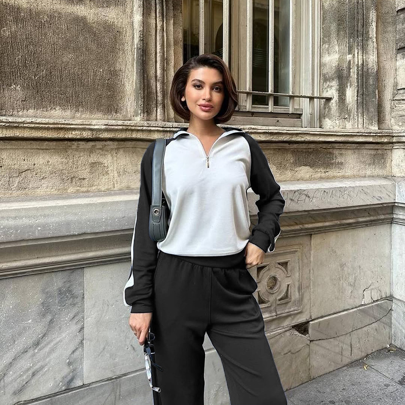 211475 Spring Autumn New Cross-Border European And American Color-Block Long-Sleeve Zipper Sweatshirt Women's Fashion_ecoleips.com