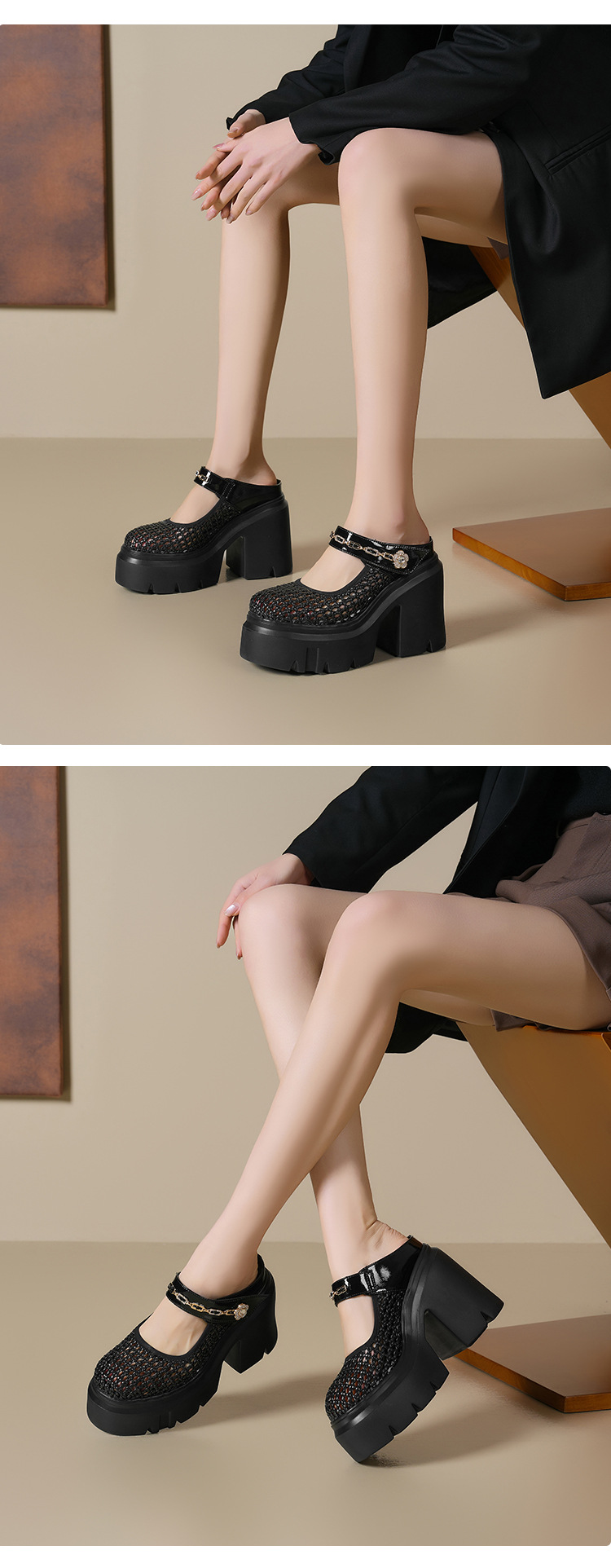 Sandal bít mũi đế dày 12cm tăng chiều cao, dệt lưới rỗng, dép lê cao gót Muller — Màu đen, Màu vàng nhạt, Màu trắng chi tiết 9