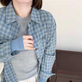 蓝灰色格子磨毛刺绣字母衬衫早春夏季防晒休闲百搭上衣女衬衣外套