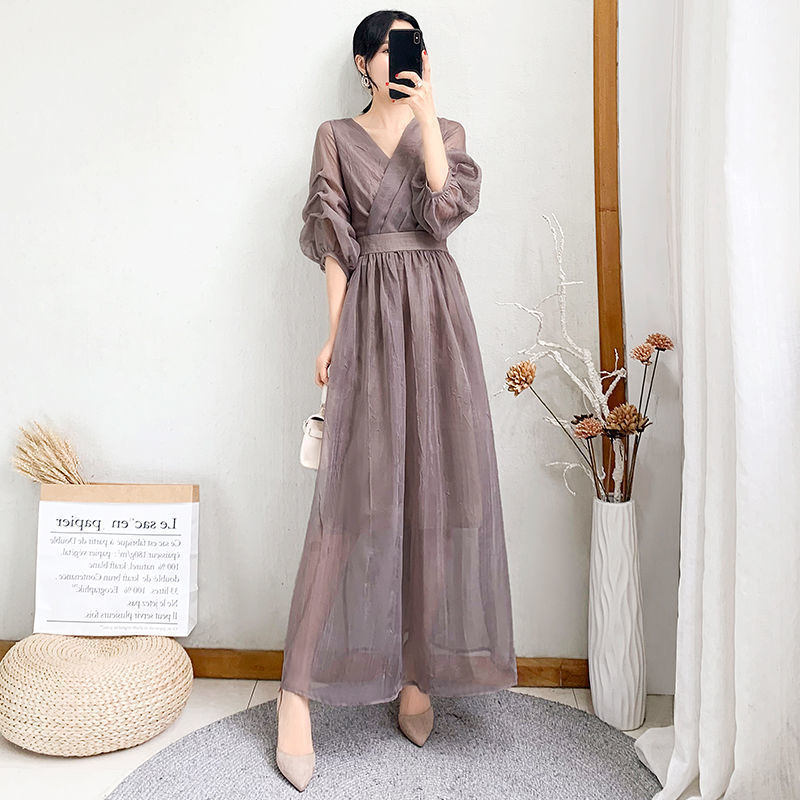2022 Spring and Summer New Women's Solid Color Over-the-Knee Long Dress Slim-Fit Slimming Elegant Super Fairy Mesh Long Dress