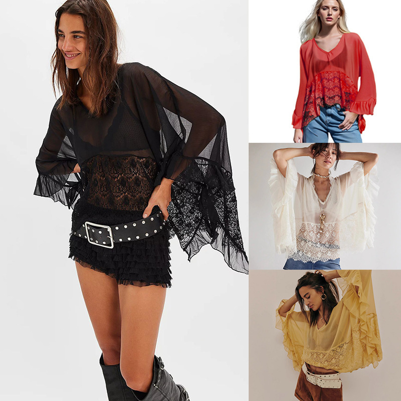 2026 European and American Cross-Border New Spring and Summer Tops, Blouses, Women's Batwing Sleeve Beach Loose Sun Protection Clothing, Lace Splicing Shirts