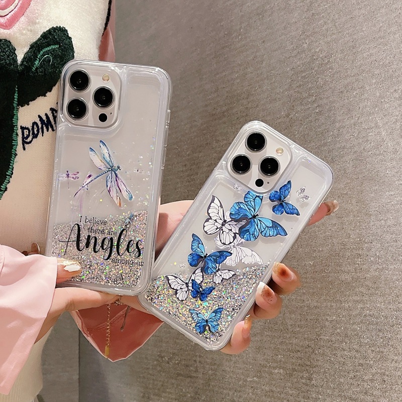 Suitable for 15ProMax phone case, Apple 14 Butterfly Dragonfly Sparkling Powder, Sand S24 Protective Case, Mate60 Trendy_voghion.com