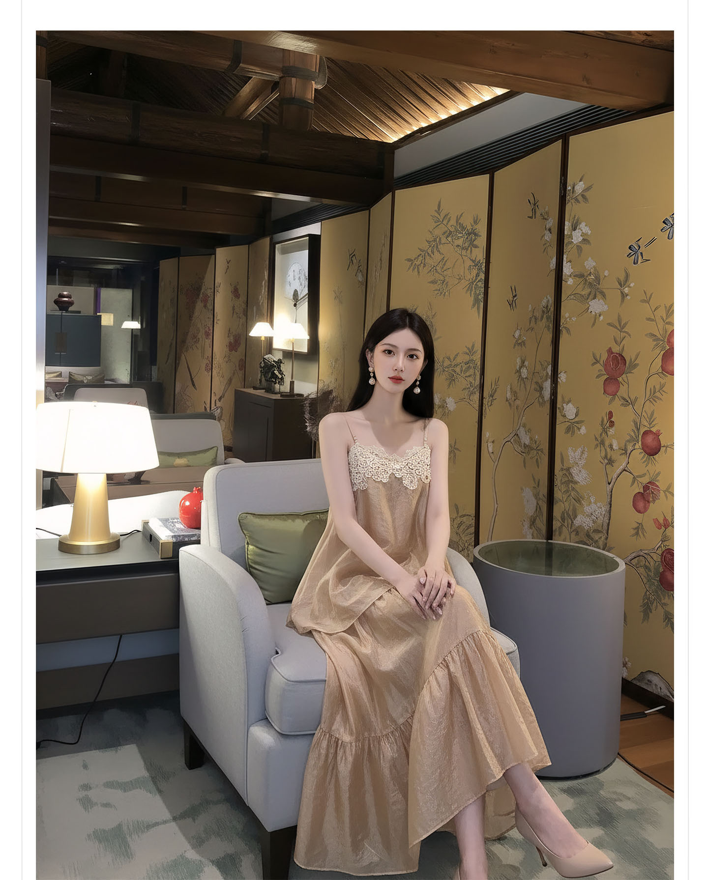 Bộ váy đầm maxi nữ thắt eo phong cách tân cổ điển Trung Hoa sang trọng — nửa váy, Trang chủ chi tiết 3