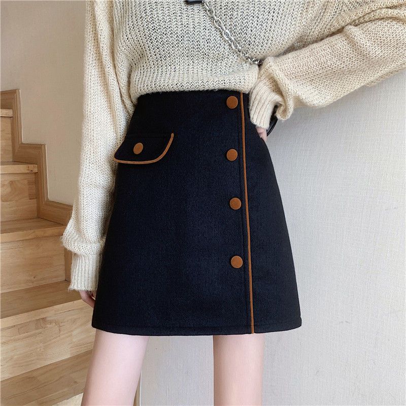 2025秋冬新款毛呢高腰不规则半身裙女单排扣显瘦a字裙大码短裙