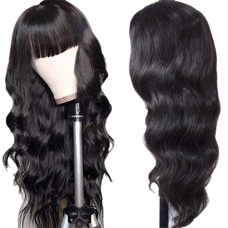Parrucca da donna lunga, nera e riccia con frangia, in fibra sintetica, realizzata con extension per capelli._voghion.com