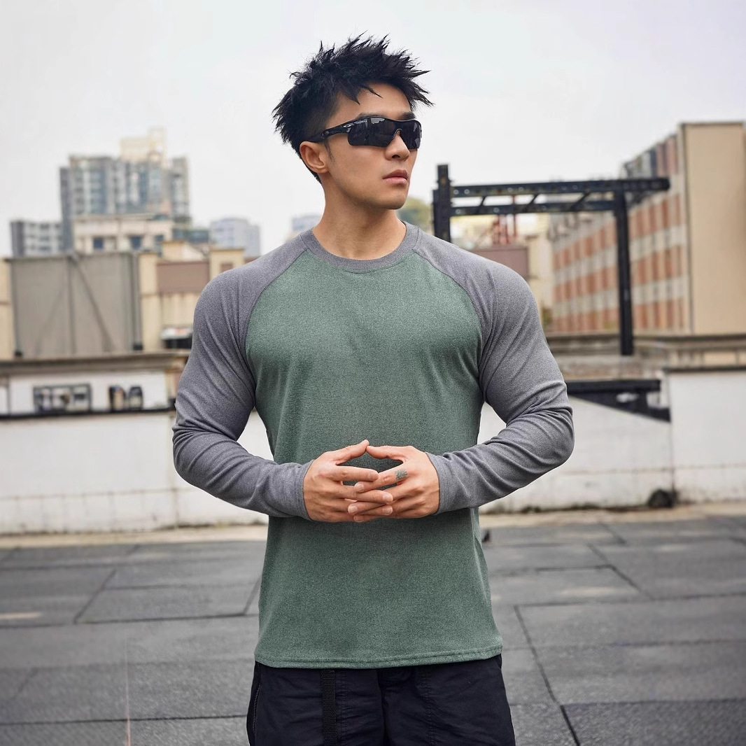 Muscle Fitness Brothers Sports High Collar Men's Long Sleeve T-shirt Loose plus size Colorblock Running Top Base Shirt