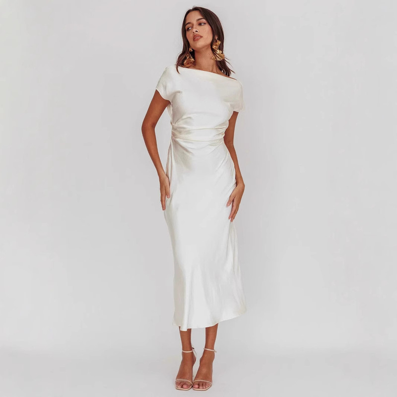 European and American Cross-Border Women's Clothing New Solid Color High-End Satin Slim One-Shoulder Sexy Backless Fishtail Dress