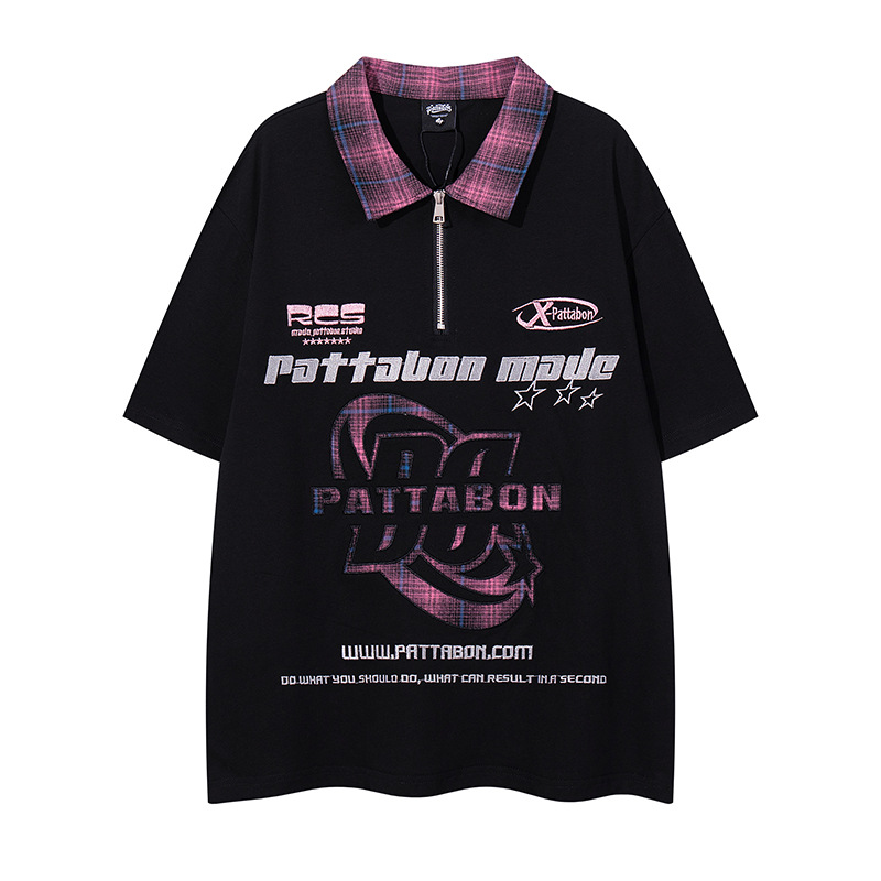 TKPA Summer New POLO Collar Top Streetwear Trendy Letter Embroidery Loose Couple Short Sleeve T-Shirt for Men and Women