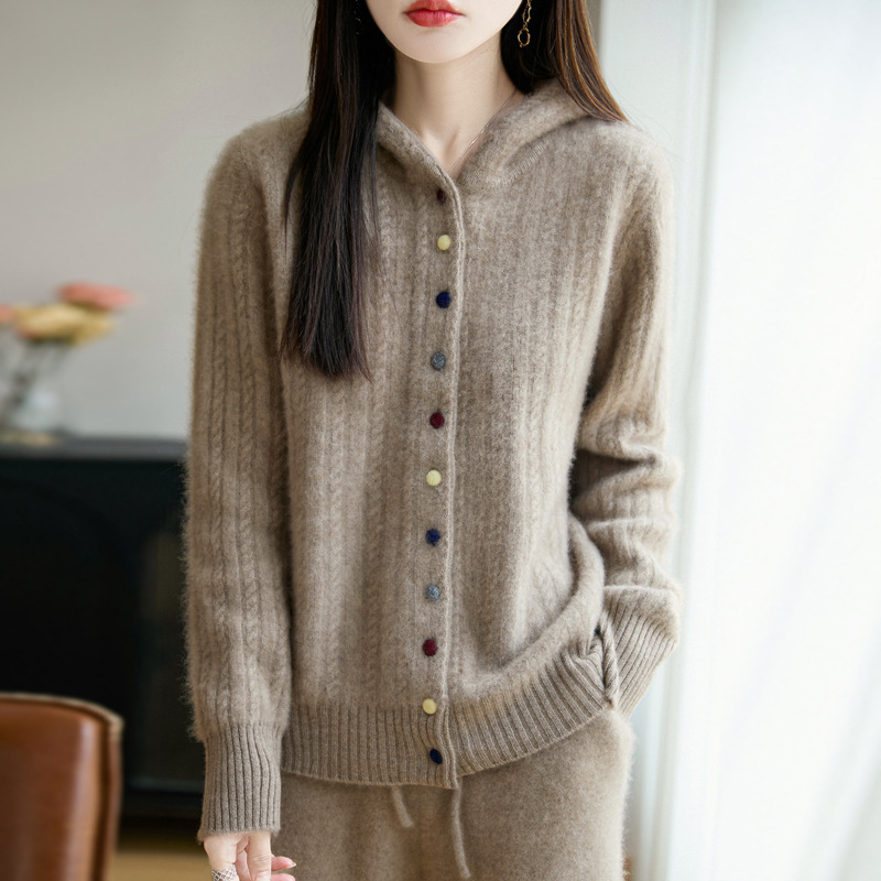 Hooded Wool Sweater Women's Pit Buttoned Simple Cardigan Loose Work Clothing 2025 Autumn and Winter New Cashmere Knitted Jacket