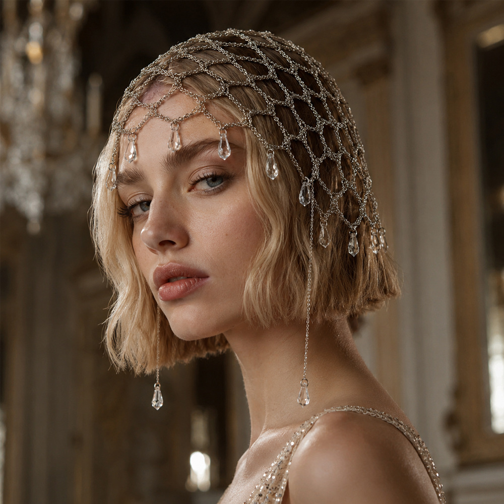 European and American Style Water Drop Pendant Hair Chain for Women, Heavy Craftsmanship Bohemian Hollow Mesh Hair Chain, Fashionable Evening Party Headpiece