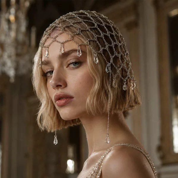 European and American Style Water Drop Pendant Hair Chain for Women, Heavy Craftsmanship Bohemian Hollow Mesh Hair Chain, Fashionable Evening Party Headpiece