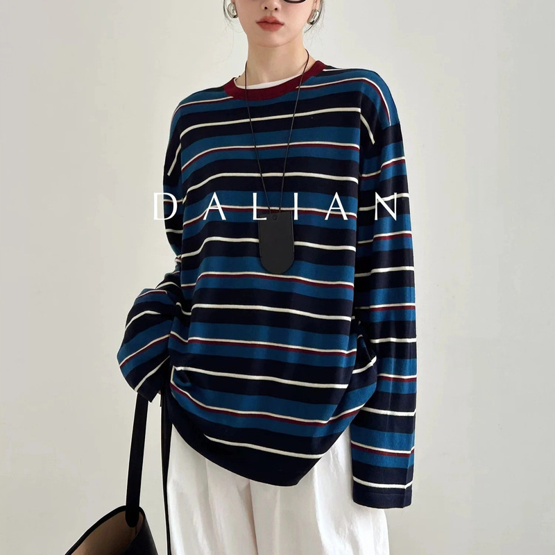 Big Face Wool Mulberry Silk Tencel Blouse Autumn and Winter Retro Contrast Stripesd Long-Sleeved Knitwear for Women