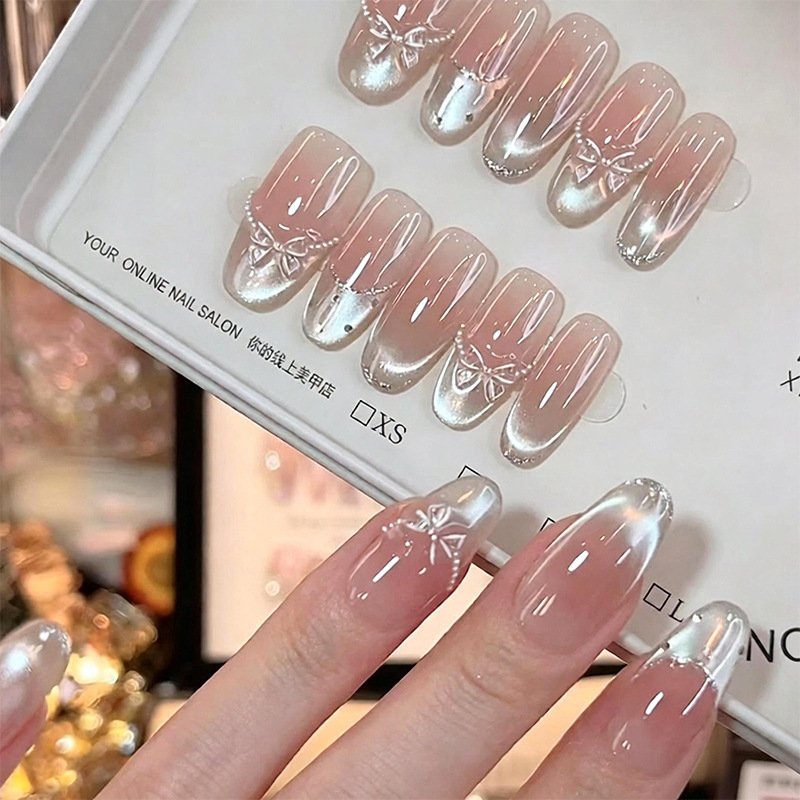 Handmade Nude Color Transparent Cat Eye Gentle French Dreamy Bow Long-Lasting Whitening Nail Tips Wholesale Handmade Nude Color Transparent Cat Eye Gentle French Dreamy Bow Long-Lasting Whitening Nail Tips Wholesale