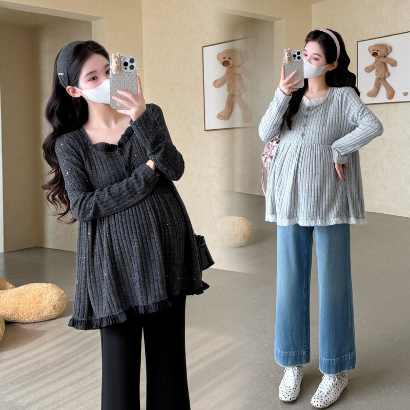 已出货秋季新款针织闪片精致时尚韩版孕妈遮肚显瘦弹力针织娃娃衫|undefined