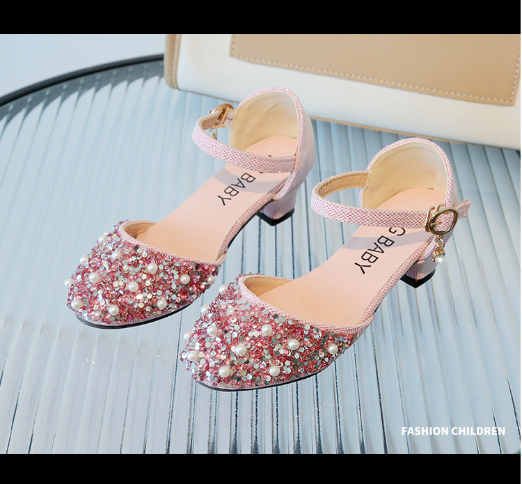 Pearl Water Diamond Princess Schuhe, Flachmund-Mode-Mädchensandalen, Mittelgroße High Heels, Sommer-Kinderschuhe_voghion.com