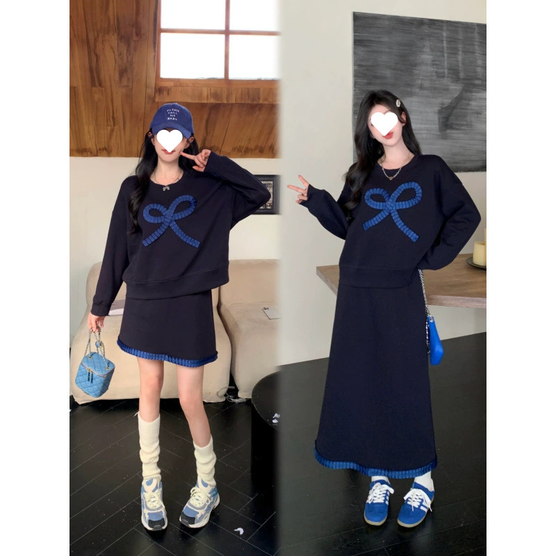 [5529 человек] Большие размеры, тонкий свитер с бантом, юбка, костюм 2025, женский осенний новый стиль, длинный