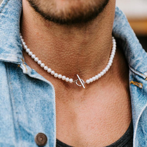 Cross-border best-selling stainless steel OT clasp imitation pearl necklace with a touch of gothic style, unisex lockchain with a hip-hop pearl necklace.