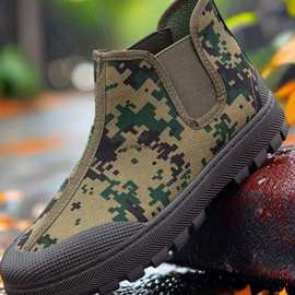 3618解放鞋男工地防滑耐磨迷彩劳保鞋工作干活懒人高帮黄胶鞋运动