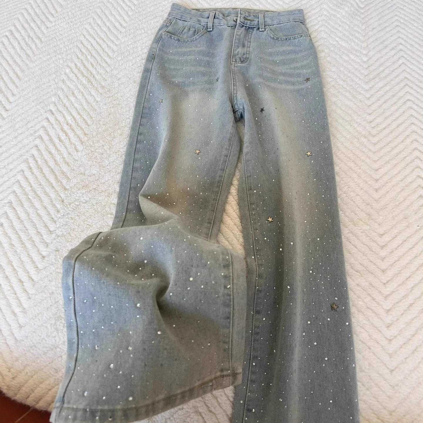 light-colored shiny straight jeans for women spring and autumn new plump girls high waist loose and slimming heavy industry draped pants