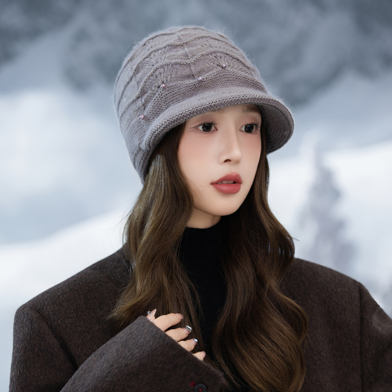 帽子女韩版百搭珍珠加厚针织帽秋冬时尚休闲防风保暖帽高级感盆帽|undefined