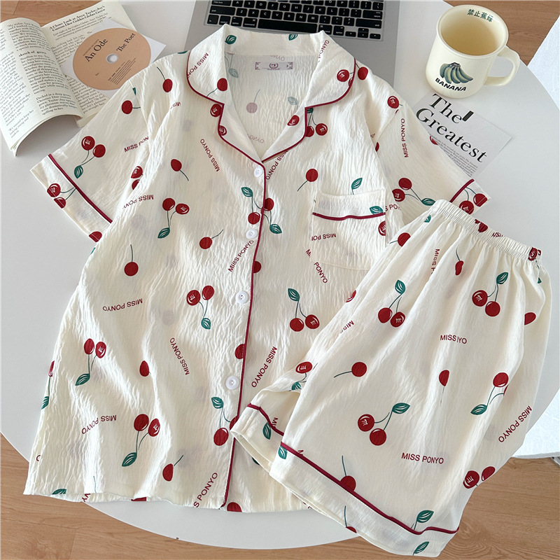 Nube de algodón pijama de mujer impresa cardigan dos piezas de verano nuevo dormitorio grande suelto se puede usar ropa de hogar