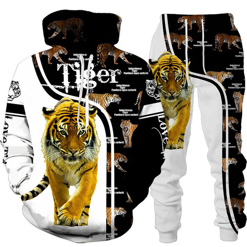 Bestselling Tiger 3D Digital Printing Hooded Sweatshirt Set for Spring and Autumn - Men's Sweatshirt Set