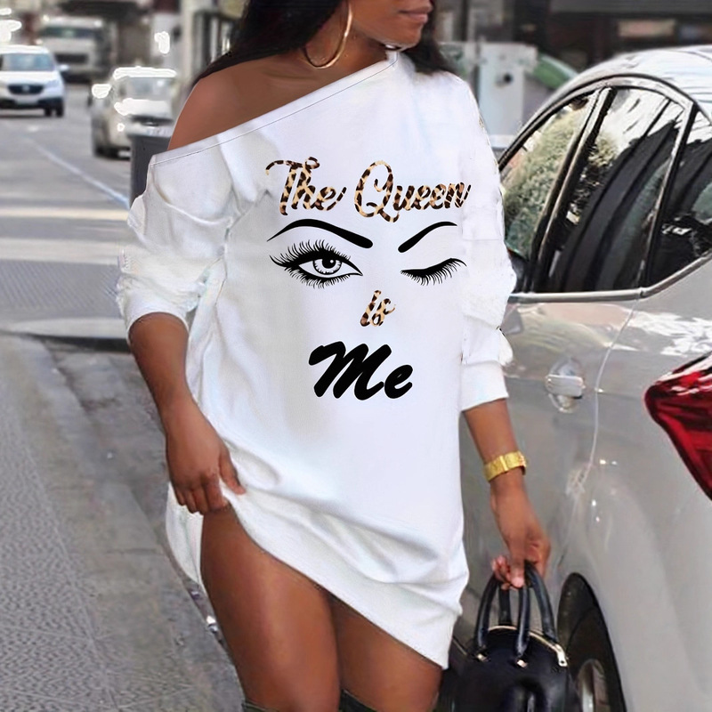 Cross-border Women's Personalized Trendy Letter Printing Cross Shoulder Long-sleeved Sweat Girl's Sexy Dress Super Long Top for Women