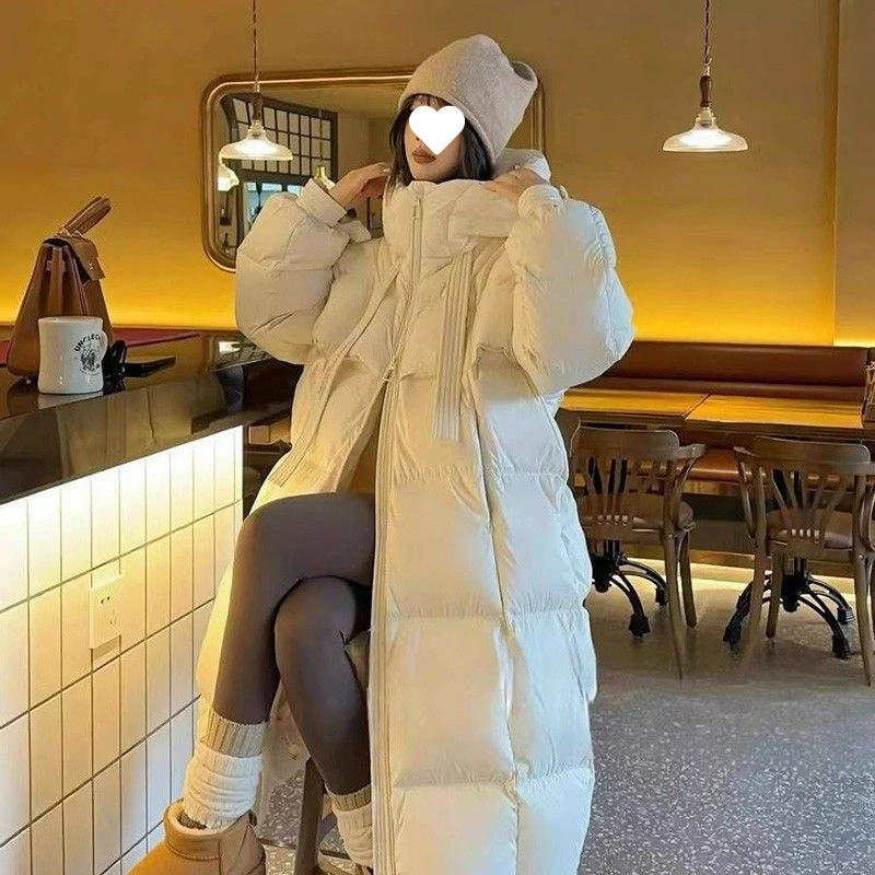 Зимний модный белый пуховик, макси длина, западный стиль