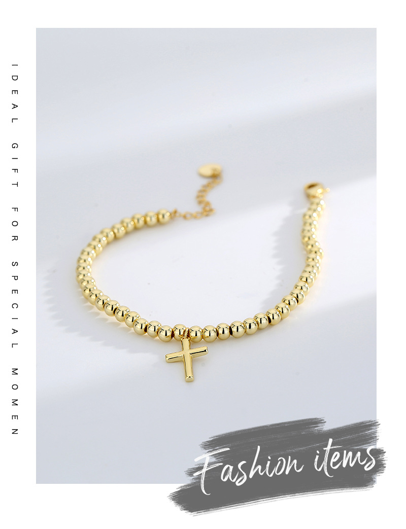 Gold Plated Beaded Charm Bracelet Minimalist Cross Design_voghion.com