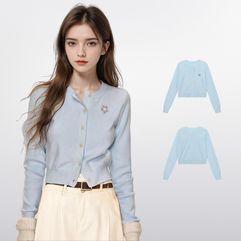 Blue Shoulder Short Long-sleeved Knitted Cardigan Women's Autumn and Winter Loose Design Niche Sweater Knitted Top