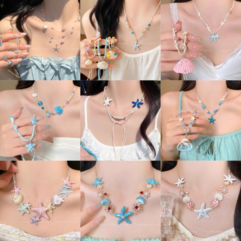 See You at the Beach~ Dopamine Shell Beaded Necklace Girls Niche Design Clavicle Chain Summer Vacation Style Accessories