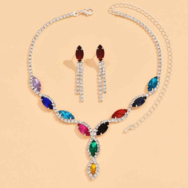 Cross-Border Jewelry Wholesale Sweet Dopamine Colorful Marquise Teardrop Tassel Party Prom Necklace Earring Set for Women Cross-Border Jewelry Wholesale Sweet Dopamine Colorful Marquise Teardrop Tassel Party Prom Necklace Earring Set for Women