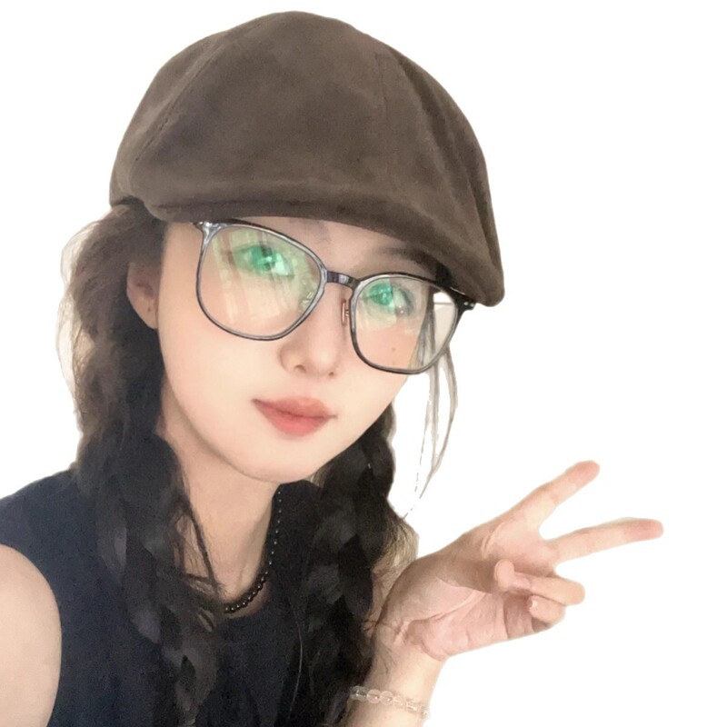 2025新款麂皮绒前进帽女英伦风复古大头围贝雷帽小众百搭画家帽子|undefined