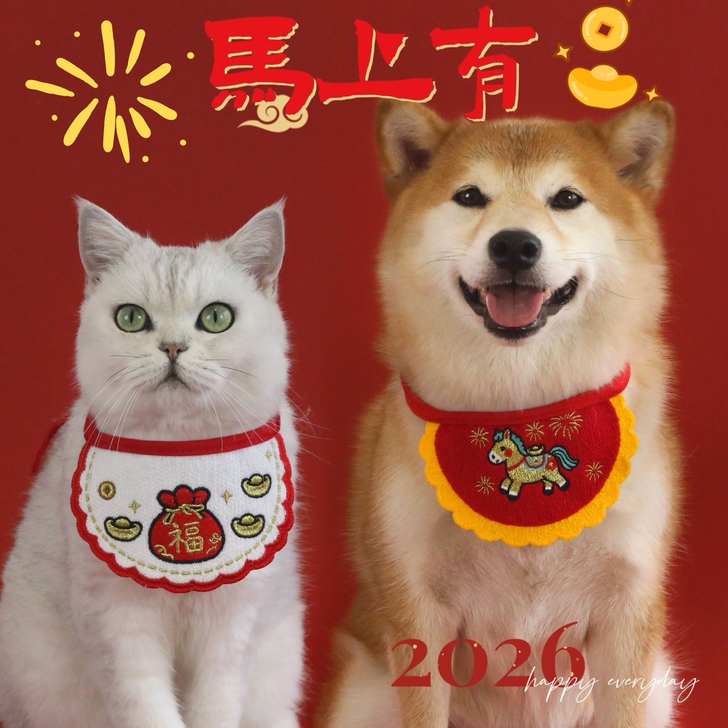 2026 año del caballo mascota bordado yuan Baofu bolsas inmediatamente ricos gatos perros toallas de saliva de Año Nuevo buckles de primavera