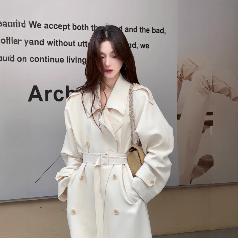 White Long Trench Coat for Tall People, 2025 Spring and Autumn, Round Neck, New Popular Style, European and American Style, Korean Style, British Style