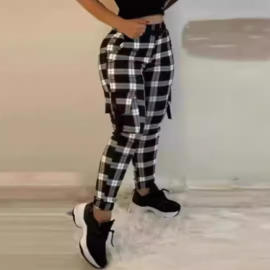 2024新款亚马逊 跨境束脚黑白格纹贴袋工装裤女
