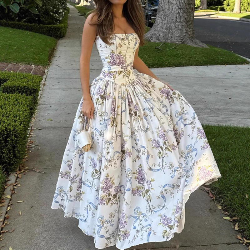 Hot Girl Sexy Printed Sling dress Summer Slim-fit Backless Long Dress Elegant High-end Summer Beautiful Dress