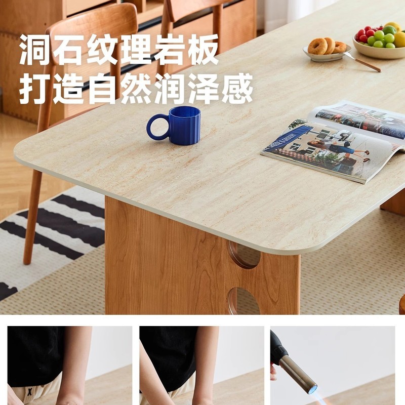 中古风岩板餐桌家用小户型饭桌樱桃木工作台全实木餐桌椅|undefined