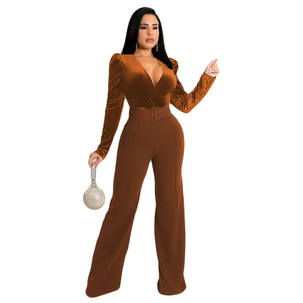 V-Neck Long Sleeve Slim Solid Color Wide-Leg Belt Jumpsuit NSGCX112840