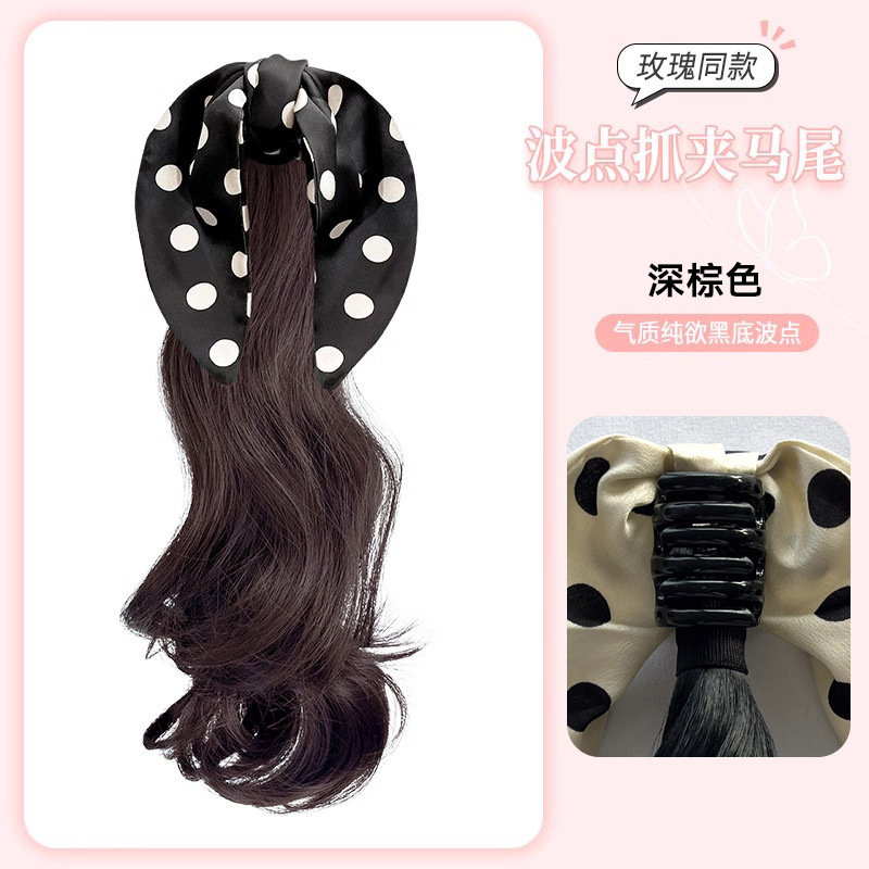블랙 폴카 도트 보우 클립 스타일: 다크 브라운 포니테일