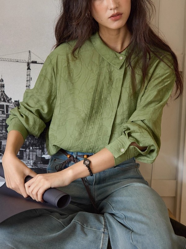solighter 法式亚麻不对称翻领提花衬衫女秋|undefined