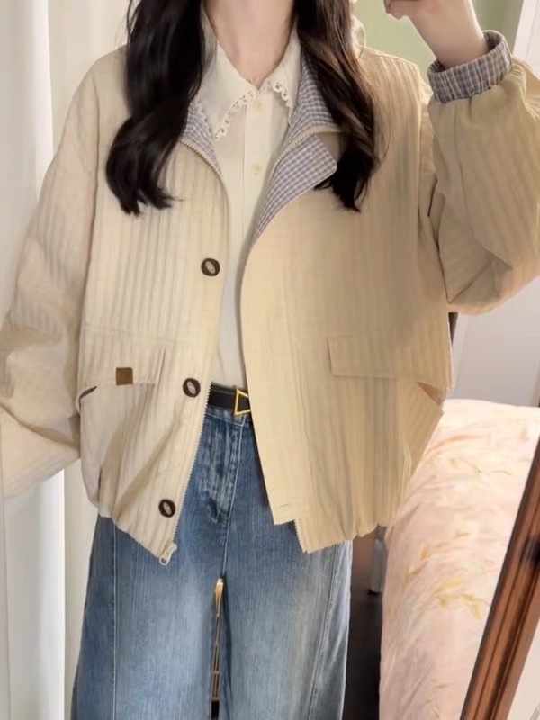 早秋日系短款夹克外套女款秋2025新款小个子休闲立领格纹撞色上衣|undefined