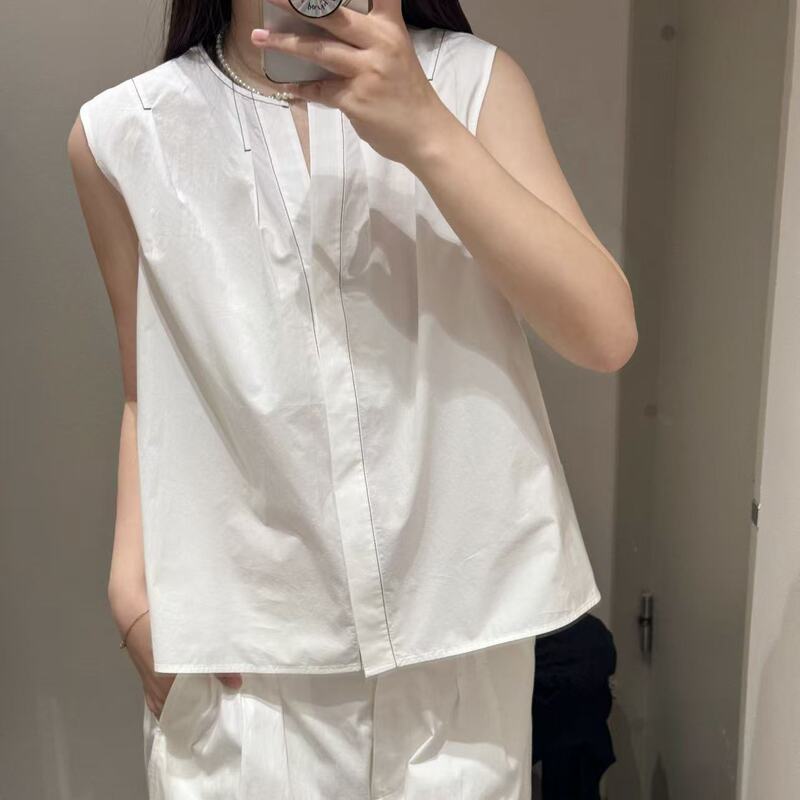 C*S Women's Standard Fit Pleated Sleeveless Shirt Solid Color Vest 2026 Summer New Product 1334817001