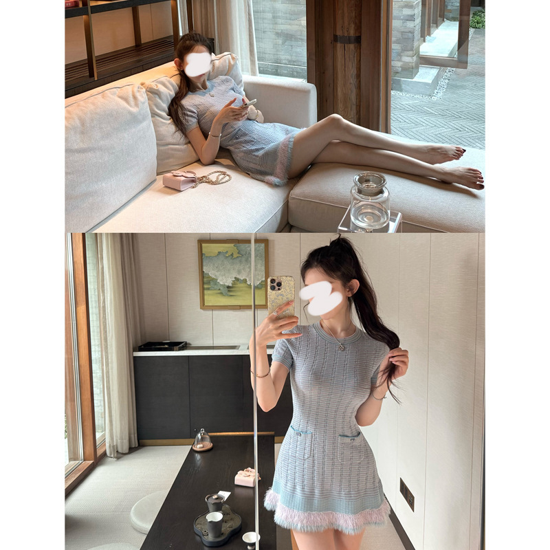 早安樊樊「Jennie蓝花楹」温柔毛感拼接针织连衣裙+开衫外套女秋|undefined